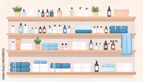 A well-organized bathroom or spa storage area with multiple wooden shelves displaying various personal care products, lotions, soaps, and neatly folded blue and white towels.
