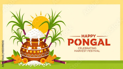 Happy pongal celebrating harvest festival with decorated pot, sugarcane, and flowers on green background with sunny yellow sky