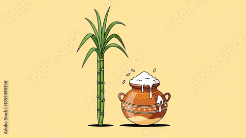 Sugarcane plant and traditional clay pot with jaggery, sweetener made from concentrated cane juice or palm sap, on yellow background