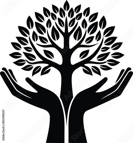 Black silhouette of hands cradling a stylized tree with leaves