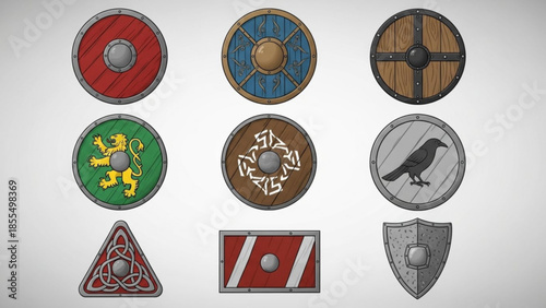 Collection of nine medieval shields with various designs and patterns on a white background