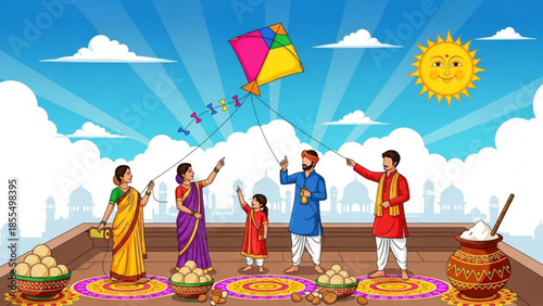 Happy indian family flying colorful kite on sunny day with traditional snacks and decorations