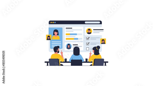 Team reviewing candidate profiles on a digital screen during a meeting.