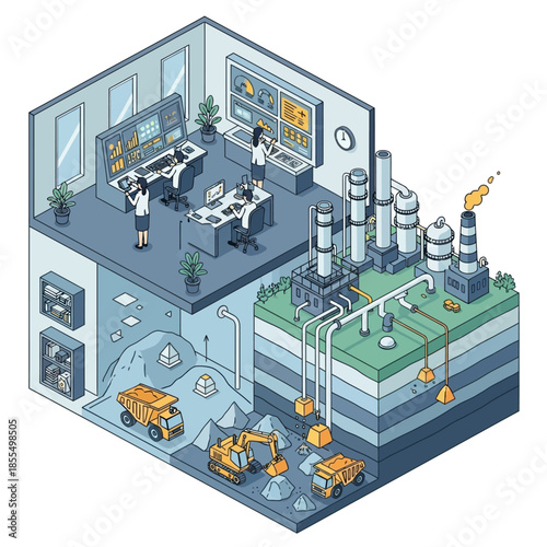 Isometric illustration of an integrated industrial process showing mining, refinery operations, and a control room for monitoring and management.