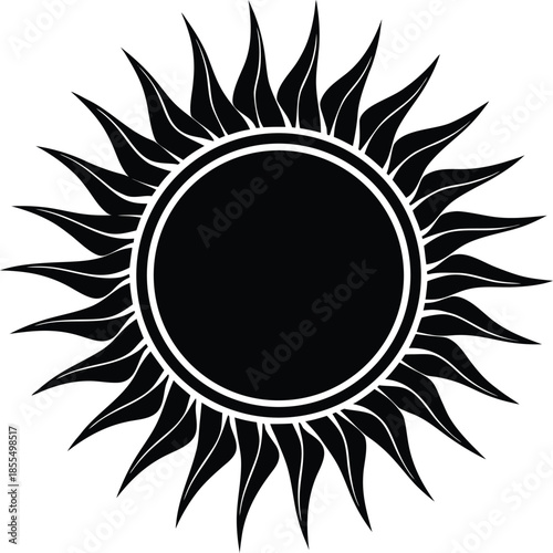 Black Sun Silhouette with Stylized Rays on White Background