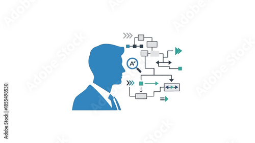 Business man thinking about a complex flowchart and strategy.