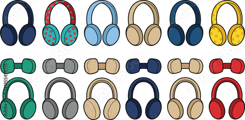 Colorful headphones and earmuffs collection, over ear audio accessories in different styles, music listening devices set, cartoon icons, modern flat design, cad drawing flat vector illustration