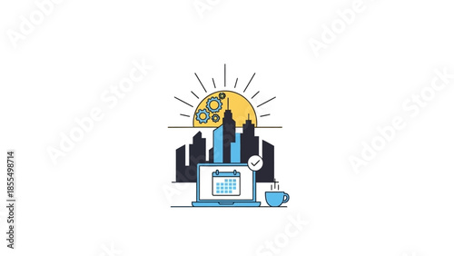 Laptop with Calendar and Coffee Cup in a Cityscape Sunrise.