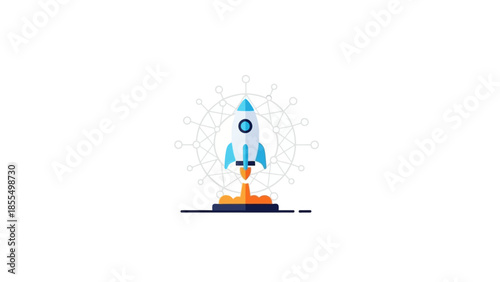 Blue Rocket Launching into Space with Digital Network Background.