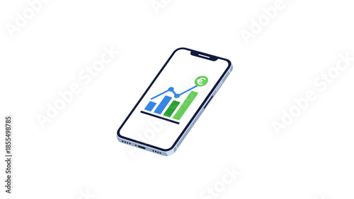 Smartphone displaying financial growth chart and currency symbol.