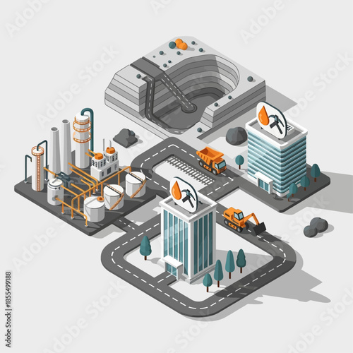 Isometric industrial landscape with a mine, refinery, office buildings, and construction vehicles connected by roads, depicting resource extraction and processing.