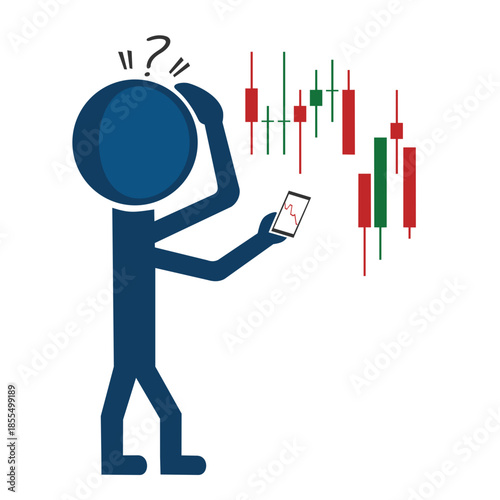 A blue stick figure character looking confused and stressed while holding a smartphone. In the background, there is a candlestick stock market chart showing a downward trend (bearish market).