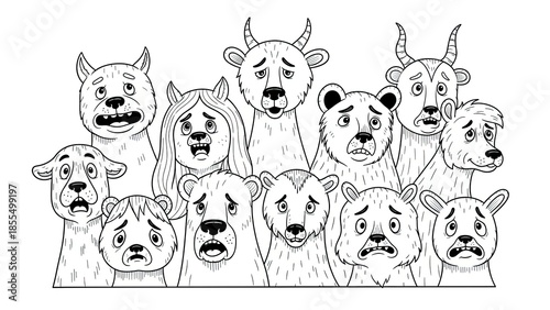 A group of diverse animals exhibiting a range of worried and anxious facial expressions in a stylized black and white illustration