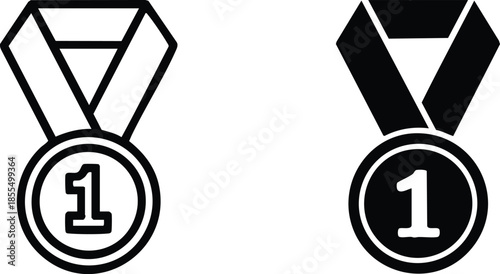 First Place Winner Medal icon, First Place Achievement Icons, Gold Medal Winner Symbols: Outline and Solid Styles, Championship Award Badge Set, 