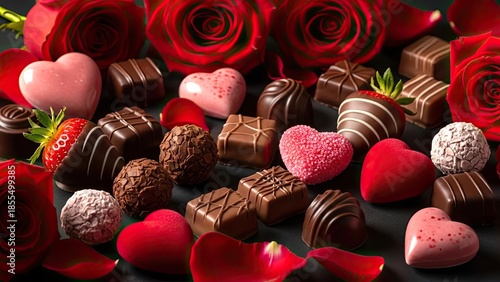 Elegant display of gourmet chocolates, with heart shapes, presented among red roses and delicate petals, evoking sweet romance, deep affection, and celebration