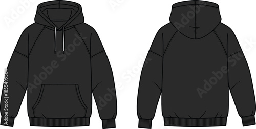 Black hoodie front back sketch, fashion cad drawing, flat vector, apparel mockup, clothing template, garment construction, casualwear design
