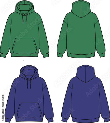 Green blue hoodie set, front back view, fashion vector, cad drawing, flat vector, apparel mockup, clothing template, casualwear design