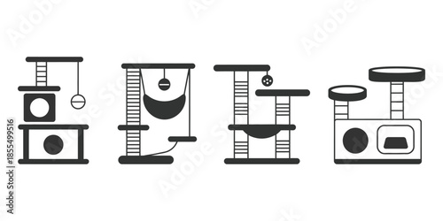 modern cat tree furniture icons set including scratching post towers and pet houses isolated on white background for veterinary and pet shop branding.