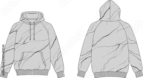 Marble pattern hoodie, front back technical sketch, fashion vector, cad drawing, flat vector, apparel mockup, clothing template, casualwear design
