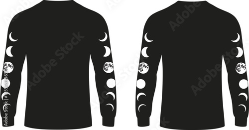Black moon phase sleeve shirt, celestial lunar cycle fashion, astronomy theme vector, cad drawing, flat vector, apparel mockup, clothing template