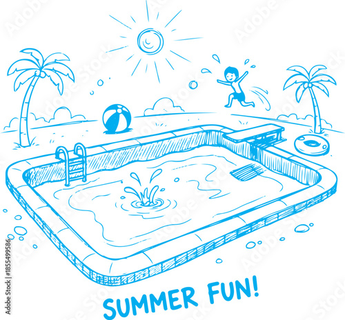 Hand Drawn Swimming Pool Doodle – Blue Line Sketch Summer Concept