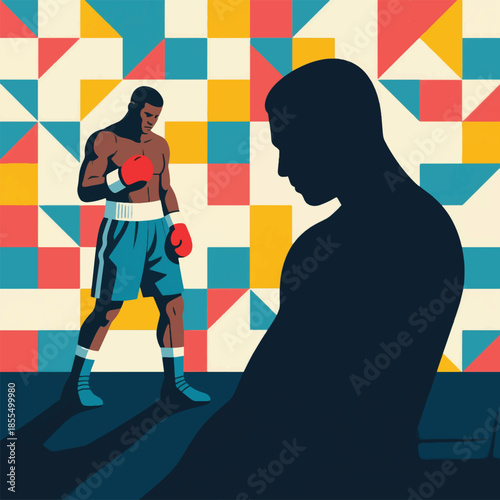 Illustration Of A Boxer Facing His Own Shadow Vector Design Template