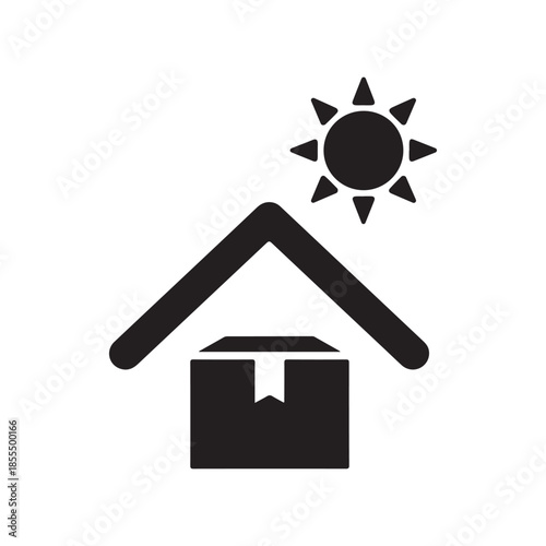 Simple black icon of a house with a box under the roof and the sun above