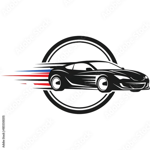 Speed car logo vector, car with motion lines inside circular emblem, dynamic sporty look