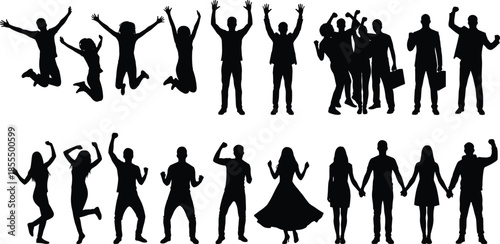 People silhouette set happy jumping dancing business teamwork celebration men women group poses cad drawing flat vector illustration