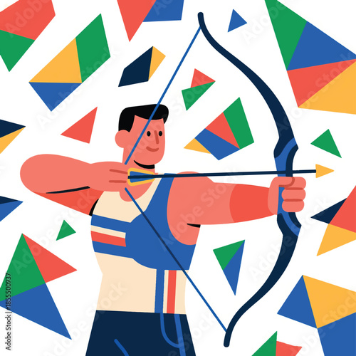 Illustration Of An Archer Pulling A Bow With A Focused Expression Vector Design Template