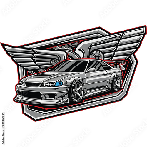Custom car logo vector, modified car illustration inside bold emblem frame, tuner community logo style