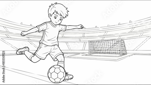 Coloring book for children - Young boy playing soccer in stadium while kicking ball  
