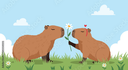 A cute cartoon of one capybara giving a white daisy flower to another in a grassy field under a blue sky.