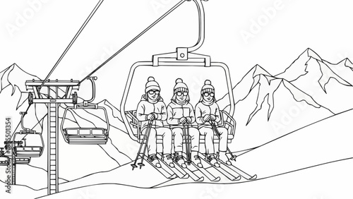Coloring book for children - Three skiers riding a ski lift in the mountains in winter  