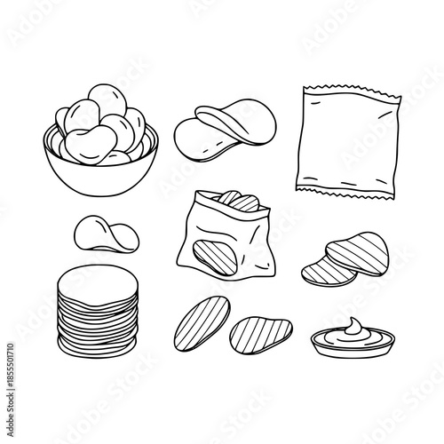 Potato Chips Outline Icons Set Snack Food Vector Illustration