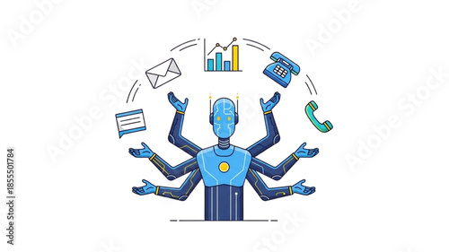 Multitasking AI Robot Vector Illustration: Blue Bot Juggling Business Icons like Email, Graphs, Phones - Automation Concept for Tech Efficiency, Productivity