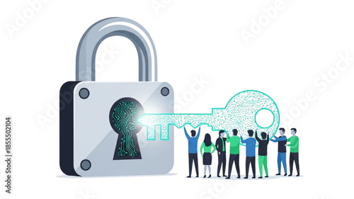 Team Unlocking Giant Padlock with Digital Key - Vector Illustration of Collaborative Cybersecurity, Data Access, and Teamwork in Secure Technology Concept