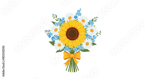 A beautiful summer bouquet of a large sunflower, white daisies, and blue forget-me-nots, tied with a golden yellow ribbon.
