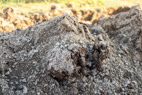 Wallpaper Mural Soil bulk at that excavated at construction building site. Industrial working place, close-up and selective focus. Torontodigital.ca