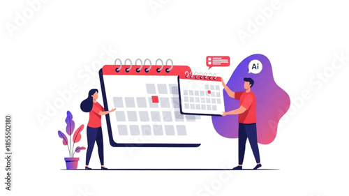 Content Calendar Planning Team with AI Technology, Man and Woman Organizing Schedule for Digital Marketing Strategy, Vector Illustration of Social Media Timeline and Deadline Management