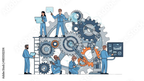 Team of Engineers Building Giant Gear Mechanism with Tools and Monitor - Vector Illustration of Industrial Teamwork, Mechanical Engineering, and Innovation Concept