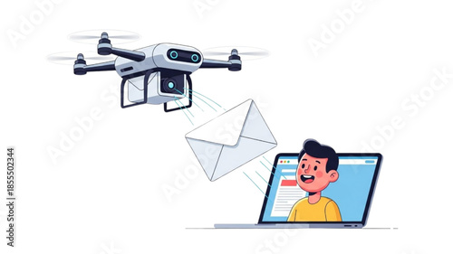 Digital Marketing Automation Concept with Drone Delivering Email Envelope to Happy Man on Laptop Screen, Vector Illustration for Business Technology, Fast Communication and Newsletter Service