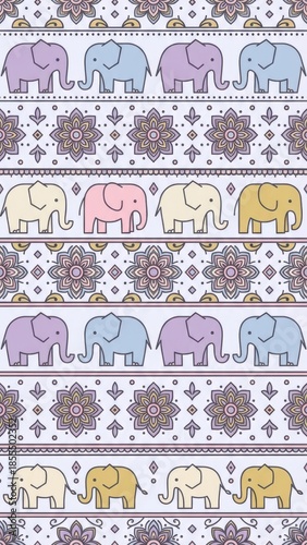 Colorful Elephant Pattern with Floral Elements on Light Background for Creative Design Projects