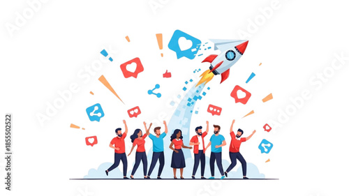 Diverse Team Cheering Rocket Launch with Social Media Reactions - Vector Illustration of Viral Success, Startup Blast-Off, Online Engagement, and Digital Triumph