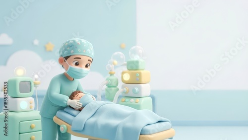 Cute cartoon doctor caring for newborn baby in cozy hospital room with pastel color theme
