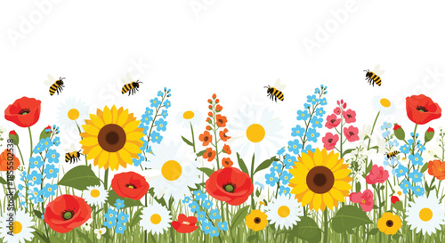 A vibrant seamless border of a summer meadow with blooming wildflowers like poppies, sunflowers, and daisies, with bees flying around.