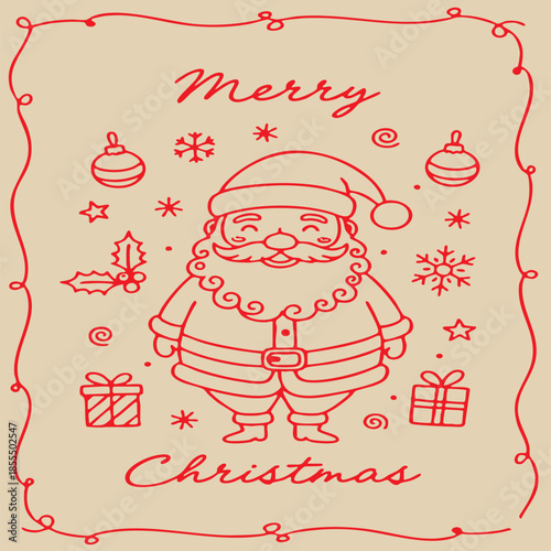 Adorable hand drawn Santa Claus character surrounded by snowflakes, ornaments, and Christmas gift boxes.