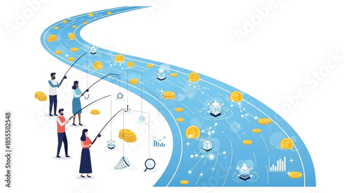Digital Revenue Stream and Financial Flow Concept. Business People Fishing for Money and Data in River of Gold Coins. Investment, Wealth, and Passive Income Vector Illustration.