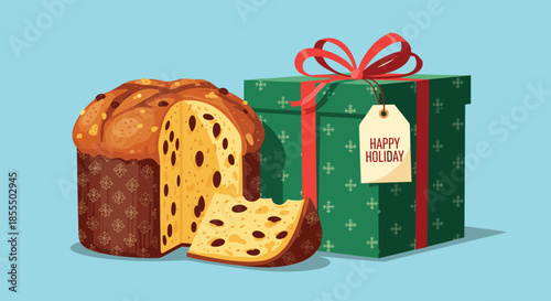 A traditional Christmas panettone cake sliced to show its fruity interior, next to a festive green gift box with a red bow.