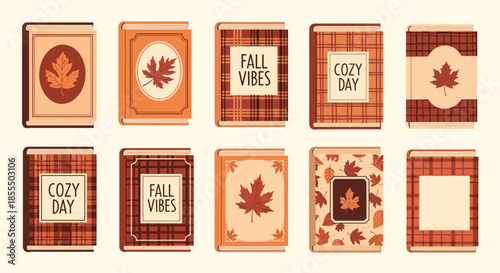 A collection of ten book covers with autumn themes, featuring maple leaves, plaid patterns, and cozy seasonal phrases.